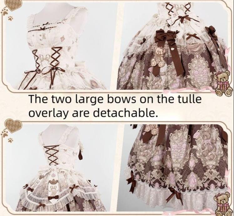 OCELOT - Antique Teddy Bear - Classic Lolita Printed JSK Dress with Ribbon Bows