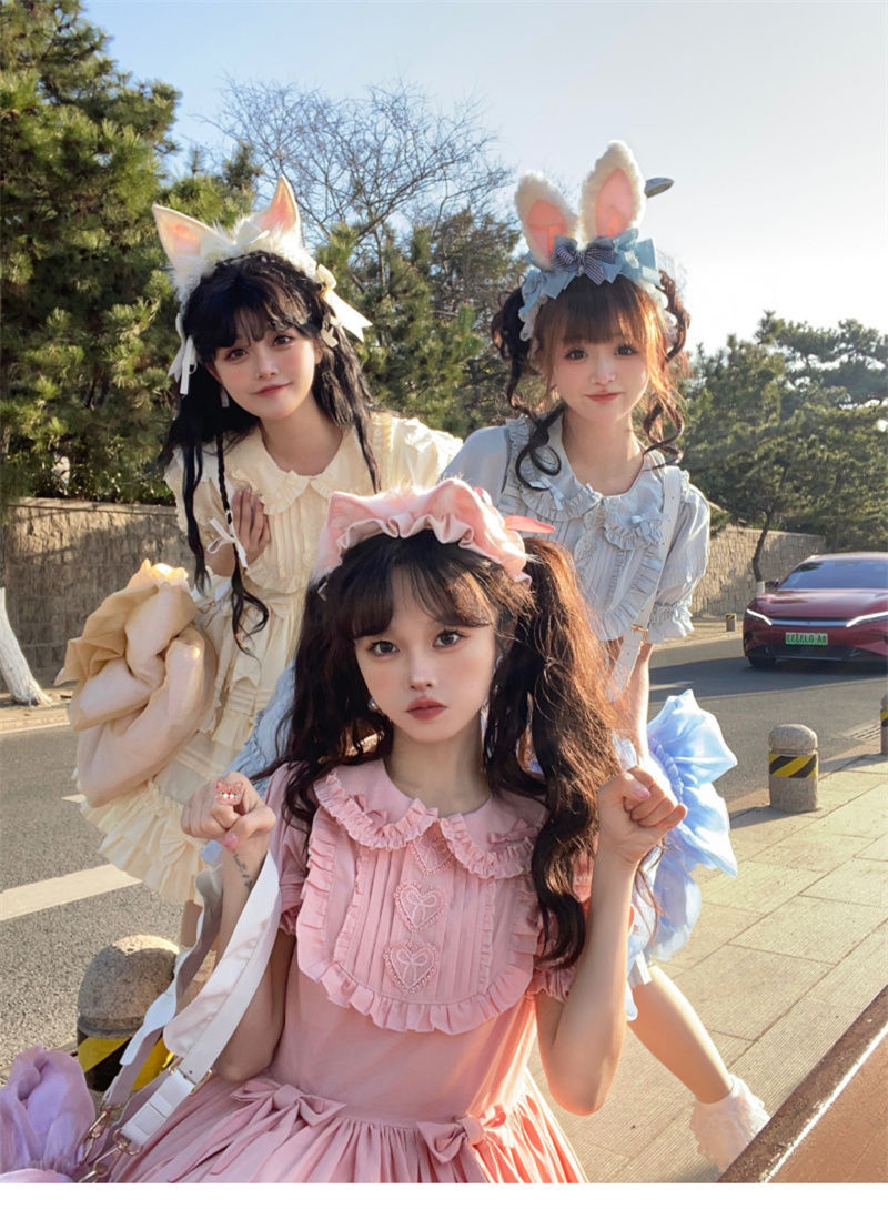 Original Handmade Light Blue Rabbit Ear Headband with Ruffled Edge Lolita Animal Ear Alice