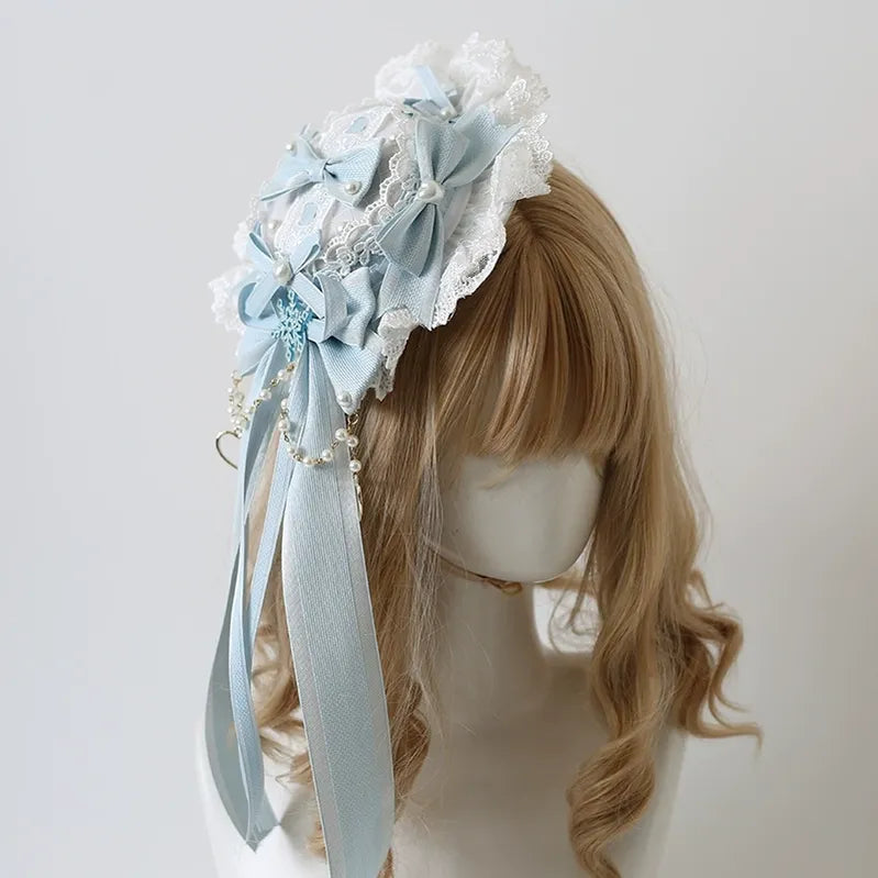 Xiaogui - Christmas Classic Lolita Lace Bow - Ice Blue Bonnet Headwear