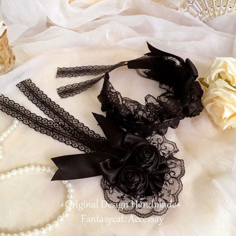 Lolita Vintage Girl Handmade Elegant Retro Black Flower Hair Clip Headband - Dark Hair Accessory