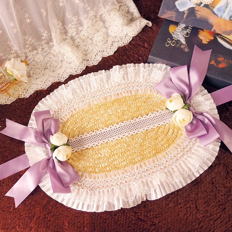 Fanmao Lolita French Flat Bonnet - Multi-color Pastoral Style Women's Summer Straw Hat