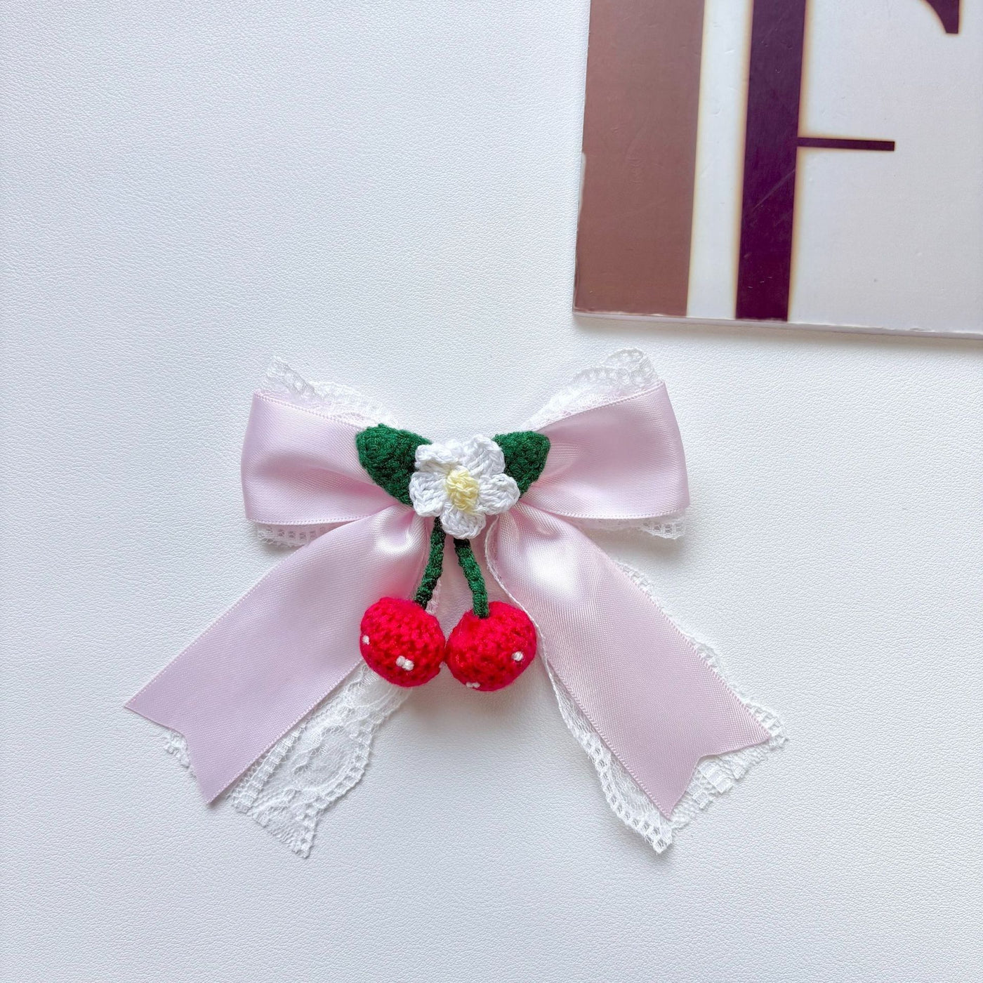 Handmade - Cherry Heart Bow - Lace Brooch - detail view 10