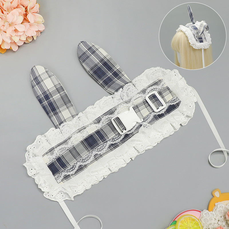 Subculture Retro Plaid Buckle Hairband Ancient Rural Style Lolita KC Lace Japanese Style Lolita Cat Ear Hair Accessory
