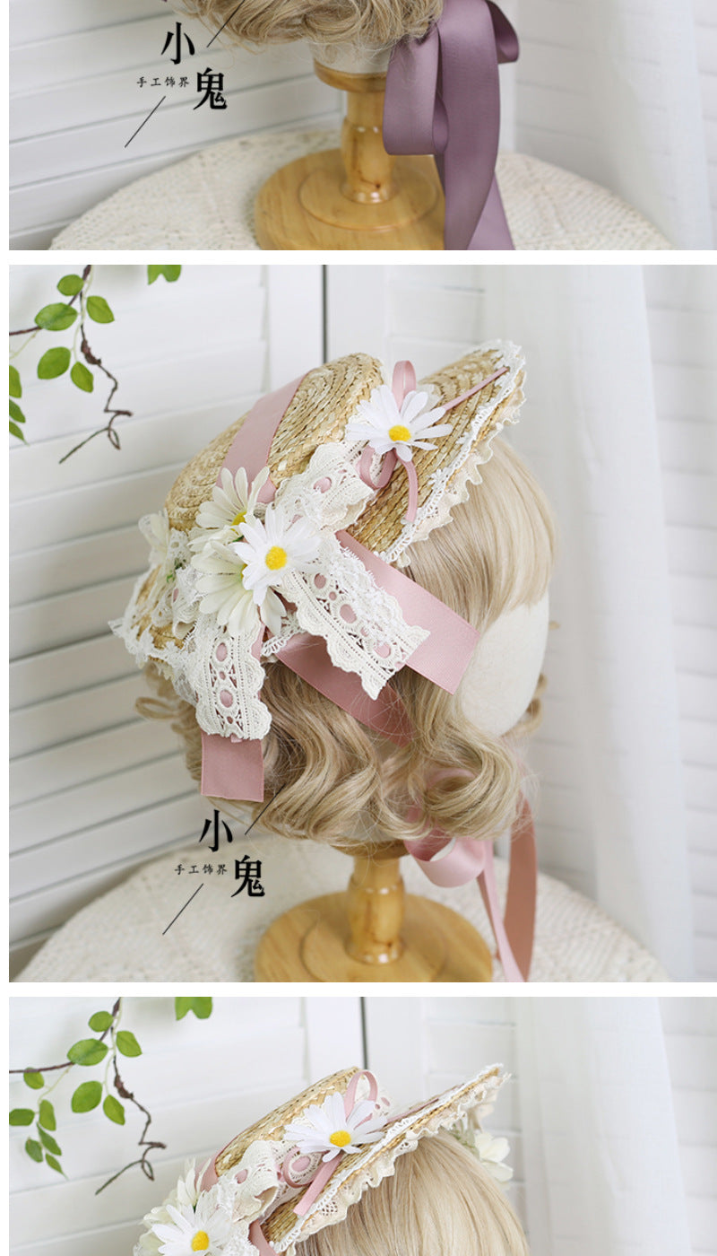 Original Lolita Straw Hat Flower Elegant Flat Hat Top Hat Bridal Tea Party Gorgeous Hat Han Western Eclectic Reminiscence
