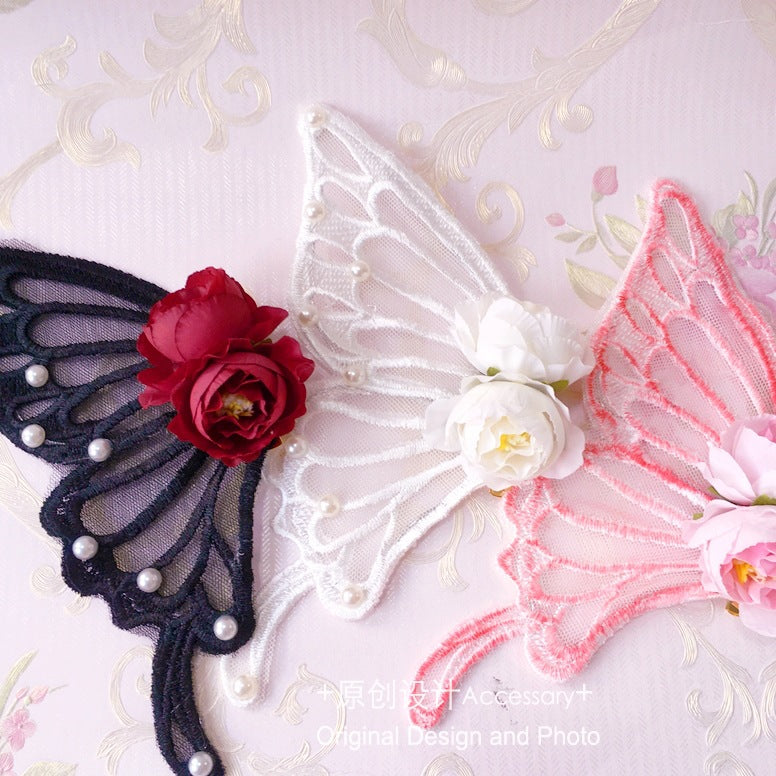Handmade Lolita Rose Imitation Lace Butterfly Large Hair Clip Fairy Hairpin Halloween