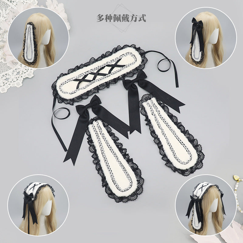 Lo Nymph Bowknot Lop-Eared Rabbit Hair Accessories Cute Sweet Plush Bunny Headwear Handmade Lolita Bunny Ears Hairband - Lolita Fetch