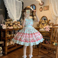 Coffee Rabbit Sweet Berry Bunny Printed Lolita JSK Set - S / Mint Chocolate - JSK + Train + Hair Clip