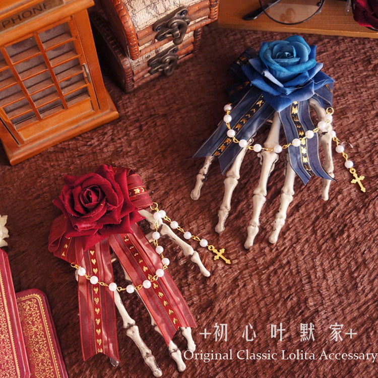 Halloween Gothic Lolita Pearl Chain Hair Clip Dark Style Skull Claw Wing Bow Hair Clip Brooch - Lolita Fetch