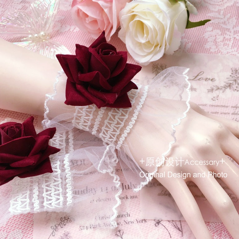 Dark Lolita Lace Wrist Cuffs for Women, Burgundy Rose Dress Cuffs with Wrist Flowers