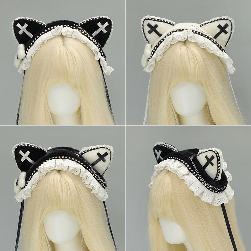 Dark Gothic Style Rivet Cat Ear Headband Metal Cross Cat Girl Hair Accessory Subculture Punk Cat Ear Headwear - Lolita Fetch
