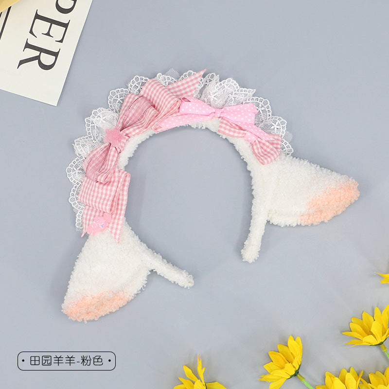 Cute Sweet Girl Headwear Comic Exhibition Lolita Sheep Ear Hair Accessories Plush Hair Clip Little Sheep Ears Bow Hairband - Lolita Fetch