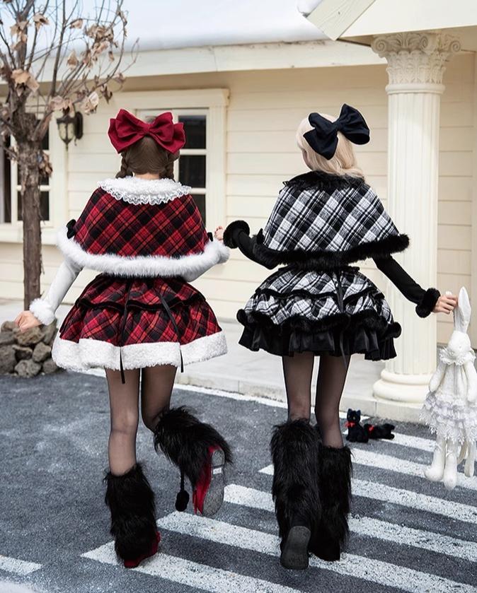 With PUJI - Snow Night Serenade - Fluffy Plaid Kawaii Lolita JSK, Reversible Cape