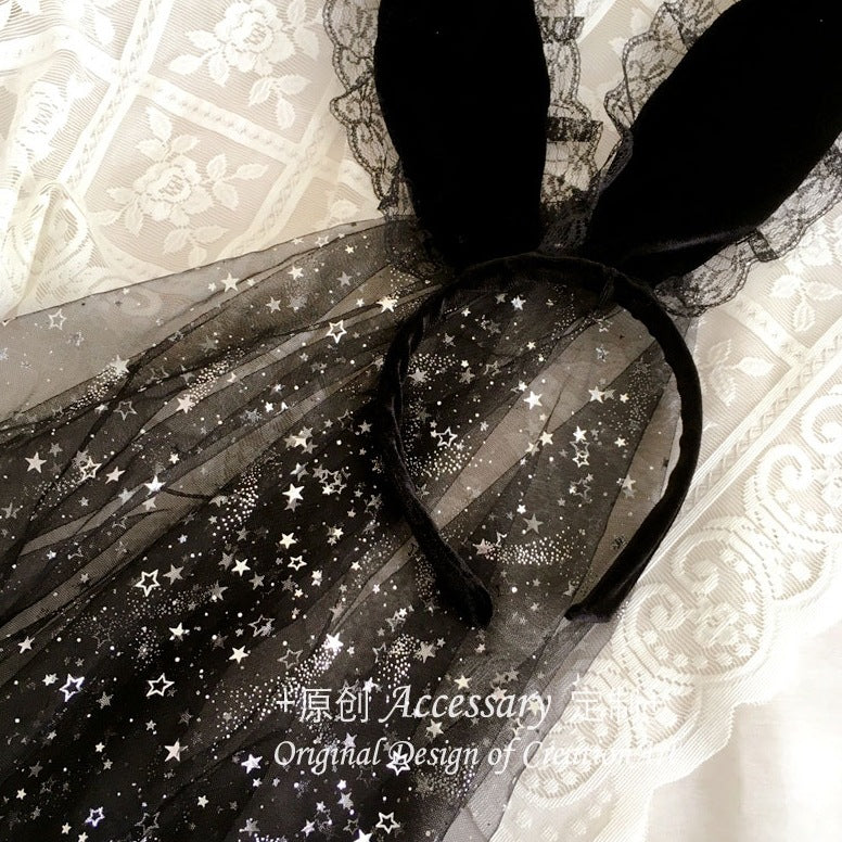 Dark gothic Lolita cat headband with black bunny ears, rose accents, French star veil, perfect for gothic costume or cosplay.