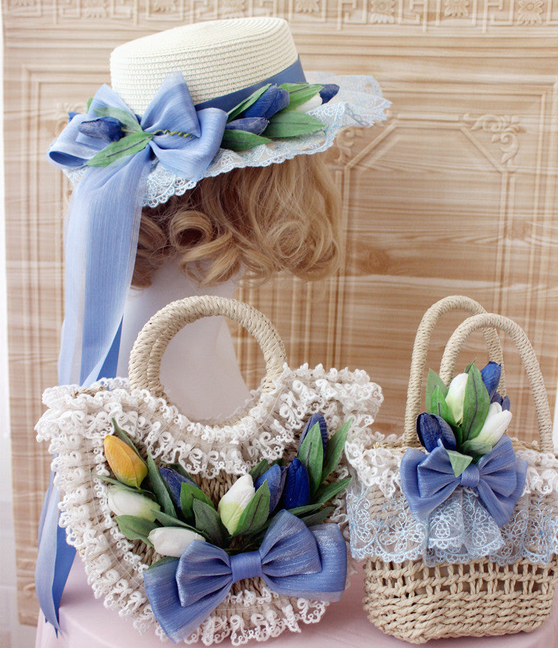 Original Handmade Pink Tulip Lolita Small Sun Hat Straw Hat Oil Painting Style Travel Photography Woven Bag Basket - Lolita Fetch