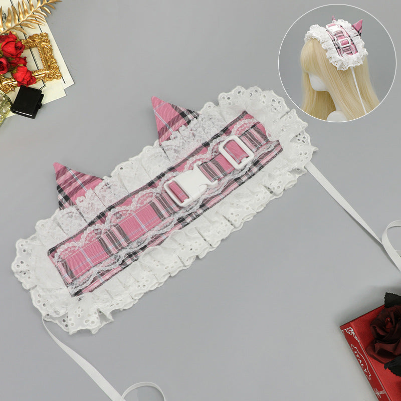 Subculture Retro Plaid Buckle Hairband Ancient Rural Style Lolita KC Lace Japanese Style Lolita Cat Ear Hair Accessory - Lolita Fetch