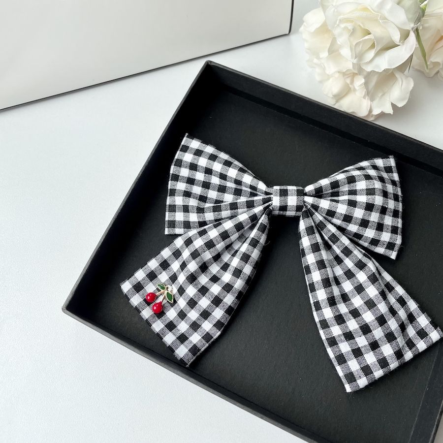 Handmade - Cherry Gingham Bow - Stainless-Steel Brooch - detail view 9