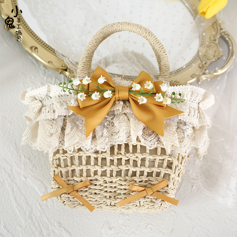 Original Lolita Mori Style Lily of the Valley Lace Beach Pastoral Straw Bag Rattan Bag Handheld Woven Bag Crossbody Bag