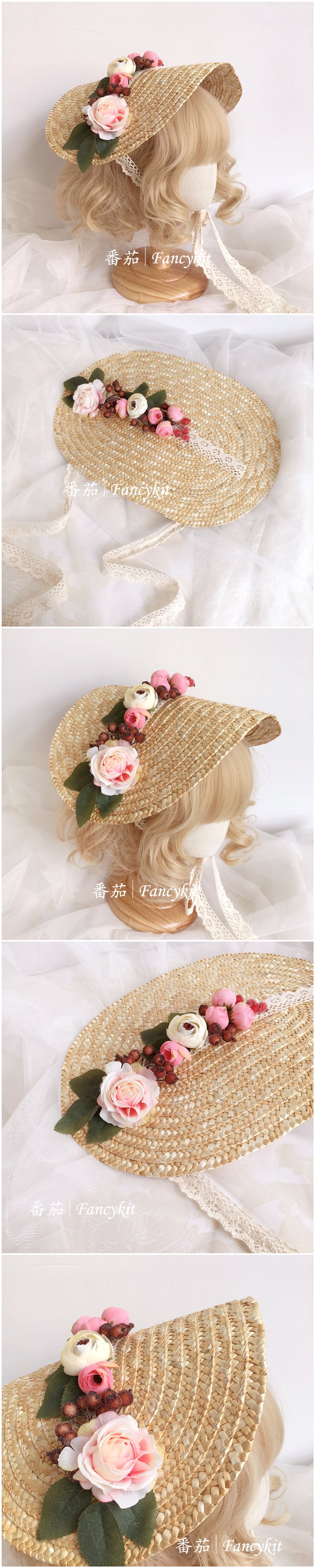 Handmade Straw Hat Flat Hat Lolita Handmade Tea Party Pastoral Bonnet