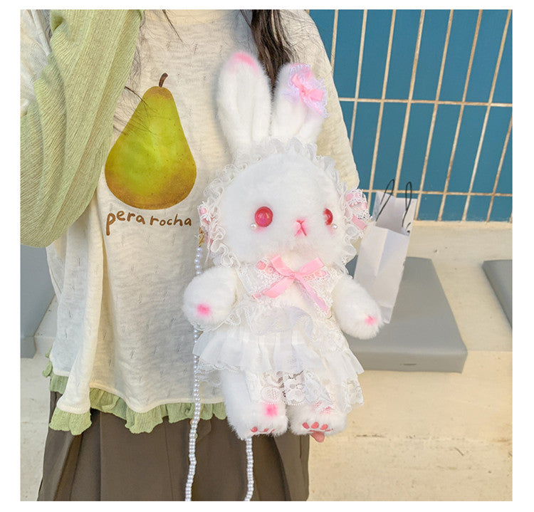 Lop-Eared Bunny Lolita Pearl Chain Doll Bag – 2025 Cute Bow Plush Shoulder Bag
