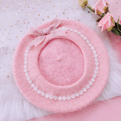 Beret Lolita Girl Sweet Cute Versatile Woolen Women Daisy Bow