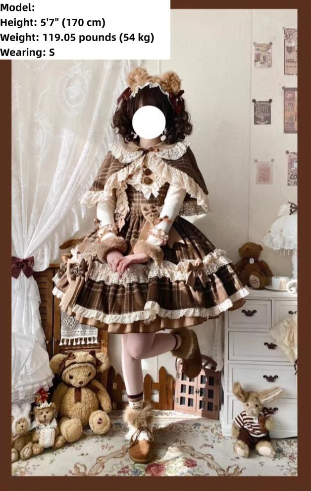 Qianmu - Choco Chestnut - Plaid Kawaii Lolita JSK Dress, Peter Pan Collar Cape