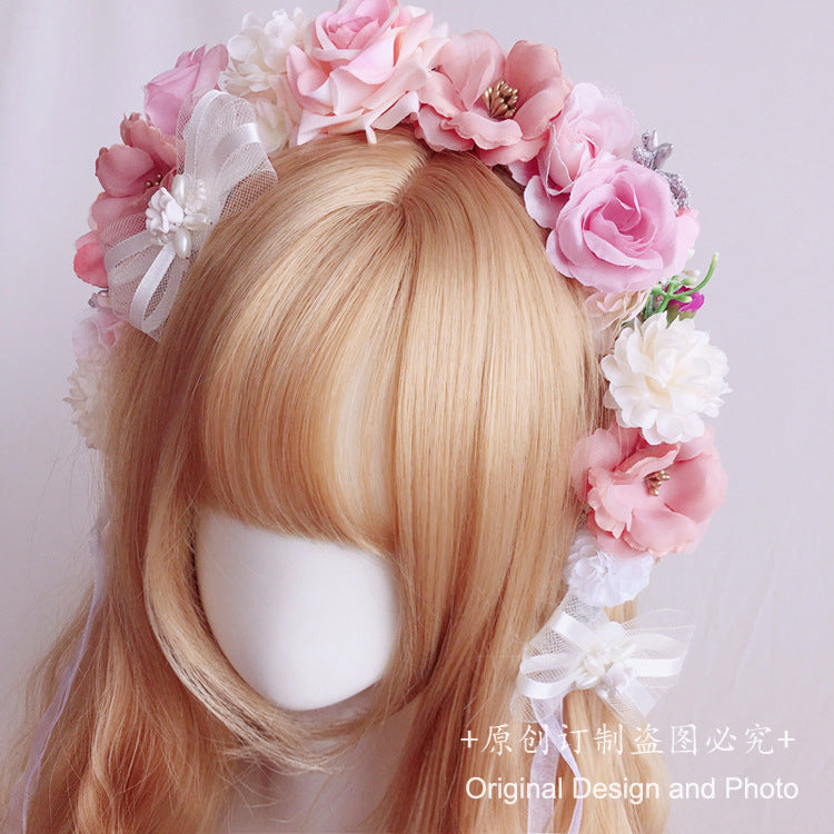 Forest Style Lolita Fairy Ribbon Flower Headband Wreath Lolita Kc Hair Accessories Mesh Bow Hair Clip Hair Ornament