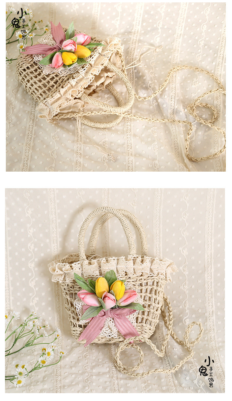 Elegant LolitaFetch straw handbag with tulip lace, bowknot accents, and eclectic pastoral style in a vintage-inspired design.