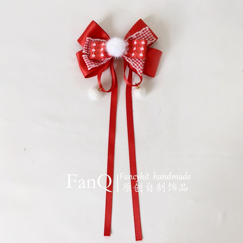 FanQ Handmade Lolita Sweet Little Strawberry Pom-Pom Hair Clip New Year Christmas Red Bowknot Pair Clip KC Hair Accessories