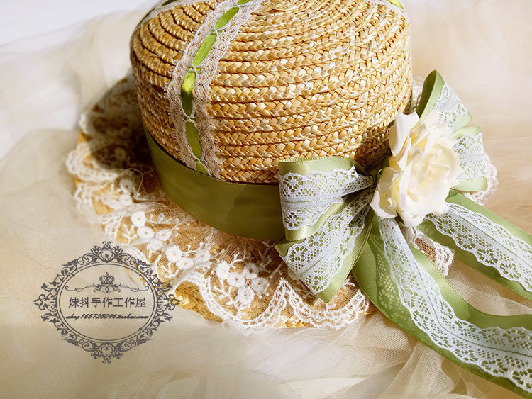 Multicolored handmade Lolita straw sunhat with lace ribbon, flat top design, perfect for sweet girl fashion and OP dress styling.