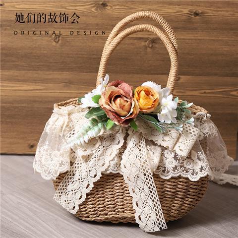Original Handmade Straw Bag Lolita Lace Artificial Flower Beach Pastoral Soft Girl 2022 New Handbag Tote Bag