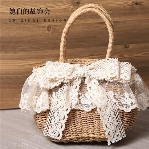 Original Handmade Straw Bag Lolita Lace Artificial Flower Beach Pastoral Soft Girl 2022 New Handbag Tote Bag