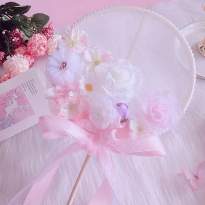 Original Handmade Blue Sakura Lolita Long Handle Round Fan Gorgeous Tea Party Lolita Fairy Wand Photo Prop