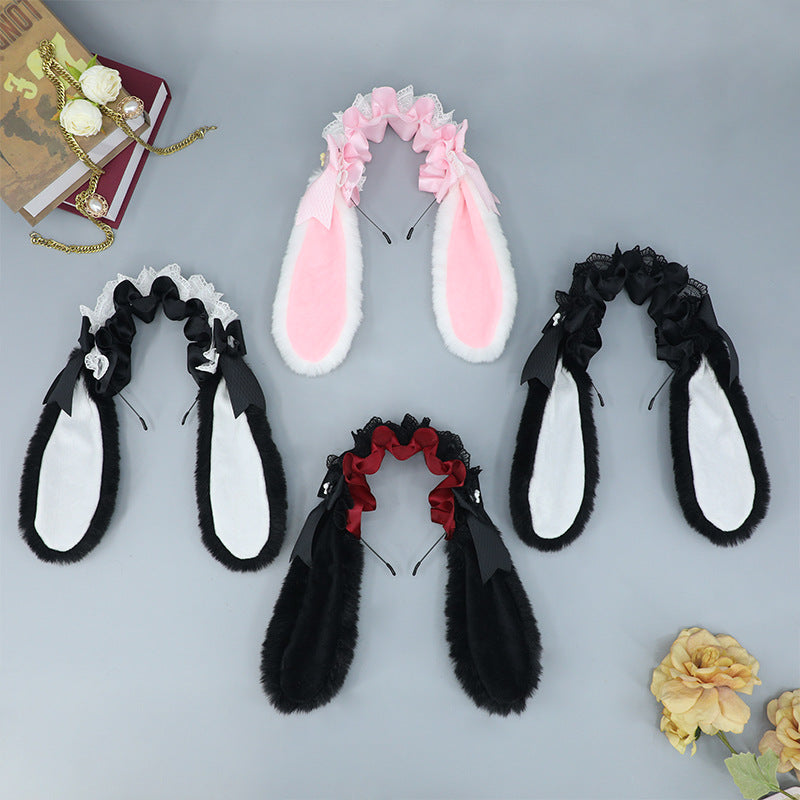 Cute Plush Lace Ribbon Lolita Headband Comic Con Cosplay Prop Realistic Rabbit Ear Hair Accessory Headband - Lolita Fetch