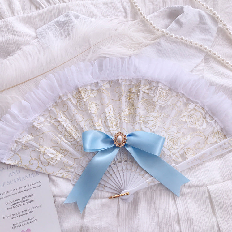 Gothic Style Lolita Lace Dress - Black Gold & White Gold Cross Rose Design with Folding Fan Photo Prop