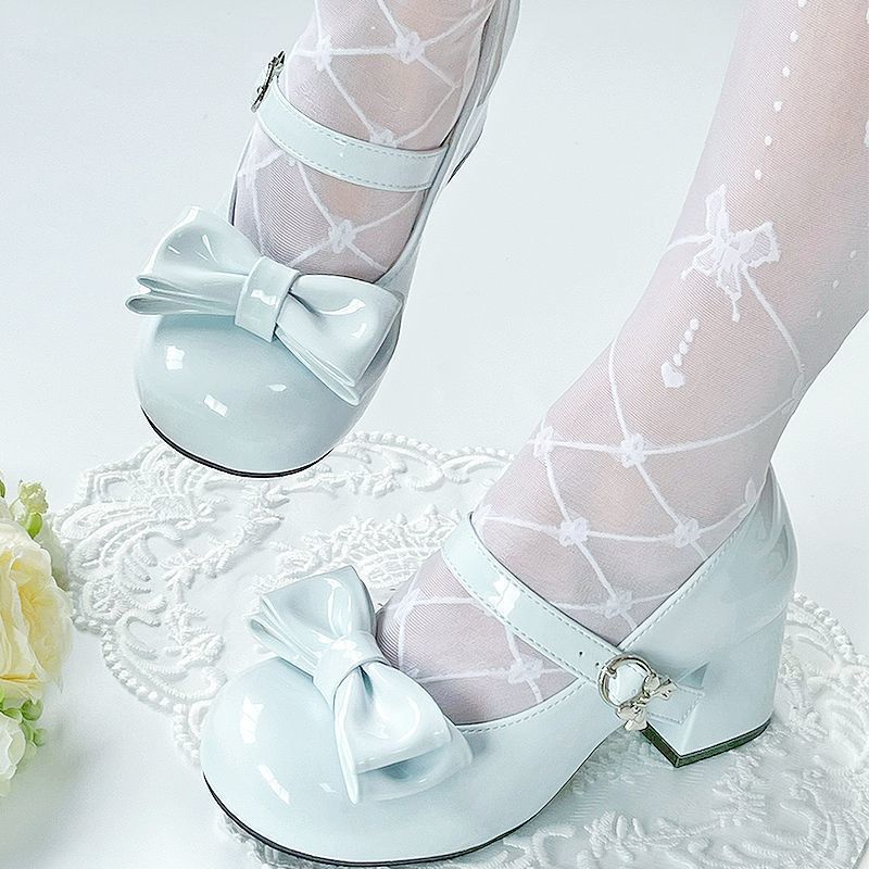 LolitaFetch Little Milk Puff original mid-heel Lolita shoes with bow buckle, featuring a cute and stylish headdress design.