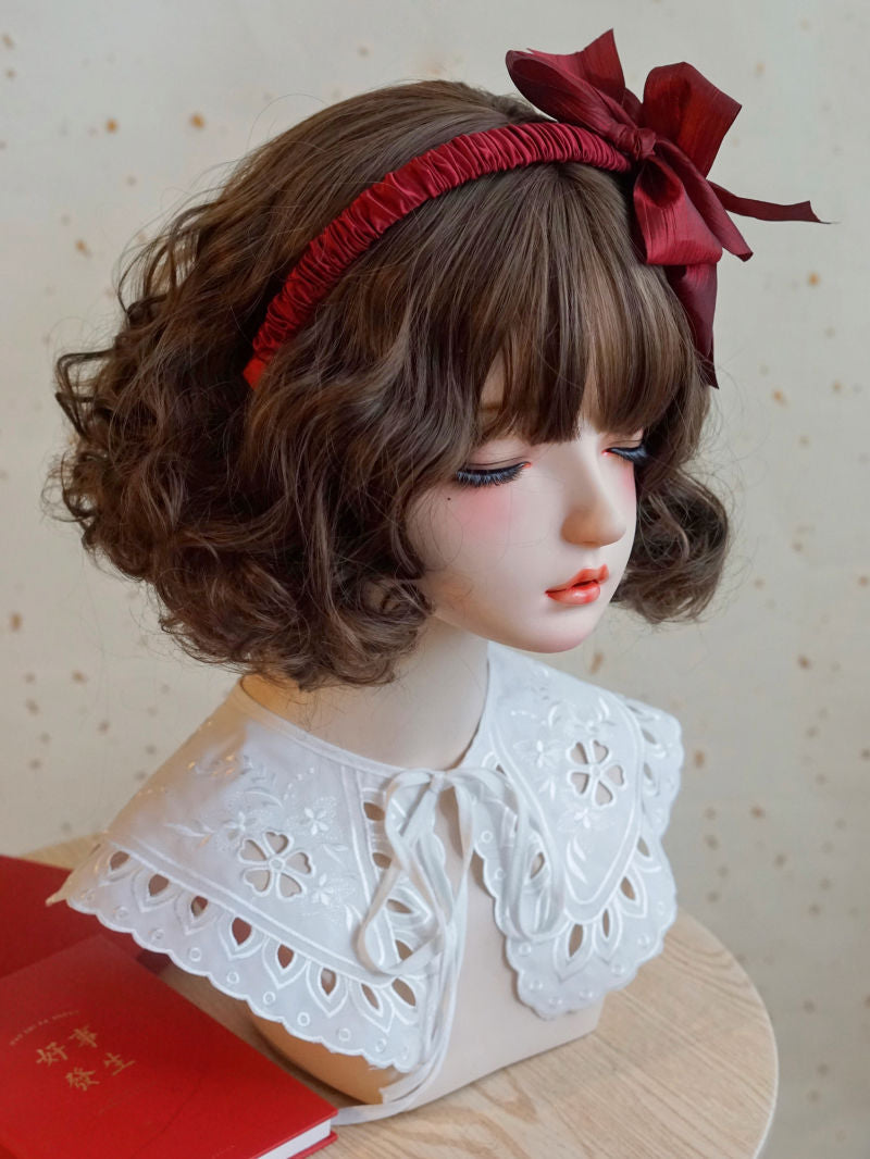 Handmade wine red Lolita fashion bow hairband with ruched design, stylish accessory by LolitaFetch for elegant headwear.