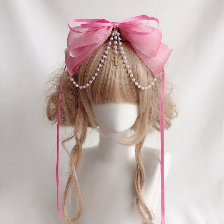 Original Handmade Lolita Double Layer Bow Ribbon Headband Lolita Pearl Cross Pendant Headband Hair Accessory