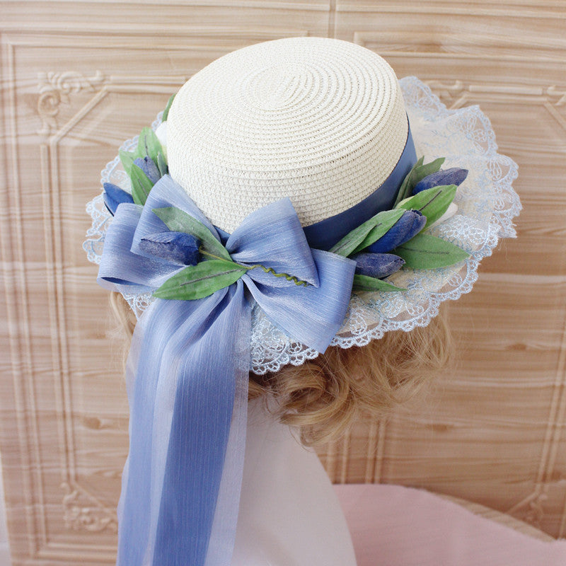 Original Handmade Pink Tulip Lolita Small Sun Hat Straw Hat Oil Painting Style Travel Photography Woven Bag Basket - Lolita Fetch