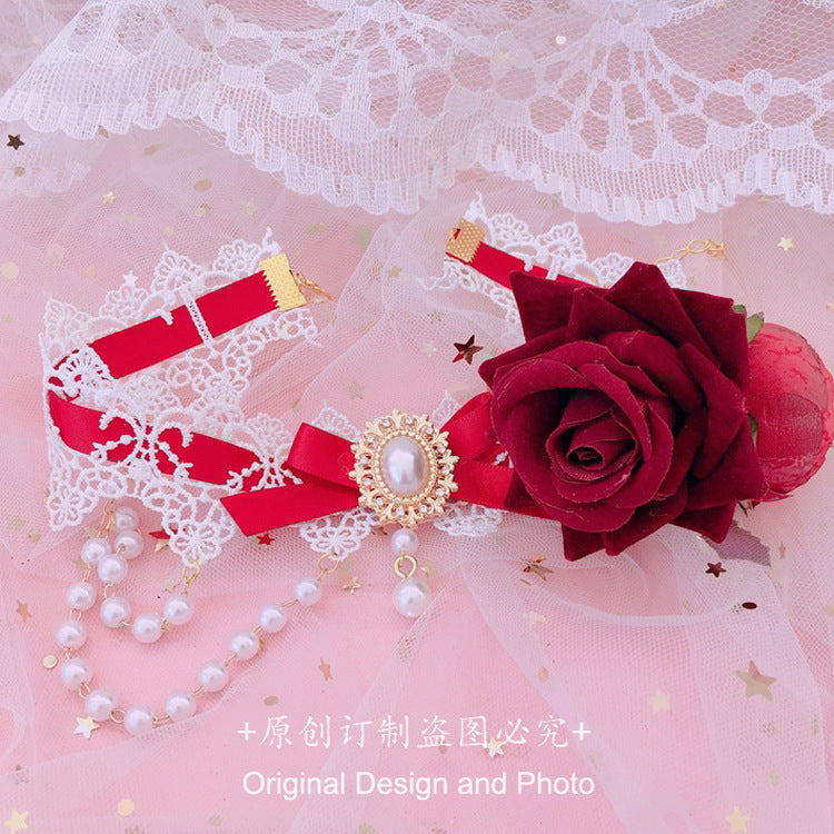 Christmas Lolita Handmade Necklace Pink Bridal Flower Necklace Tea Party Lace Pendant Pearl Choker