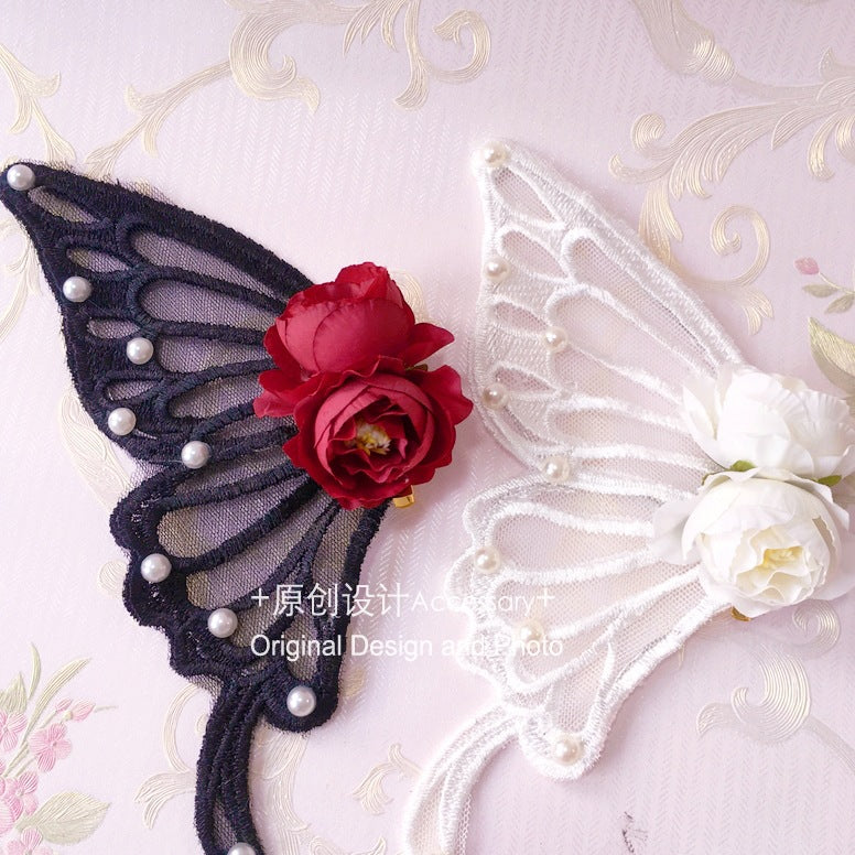Handmade Lolita Rose Imitation Lace Butterfly Large Hair Clip Fairy Hairpin Halloween