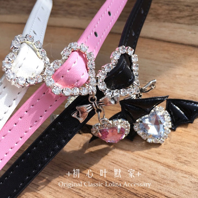 Lolita Subculture Leather Choker Collar & Bracelet - Angel Little Devil Heart with Rhinestone Bowknot
