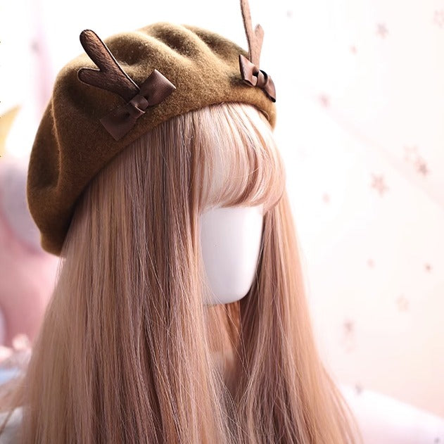 Xiaogui - Kawaii Lolita Deer Horn Beret - Christmas Multicolors Headwear