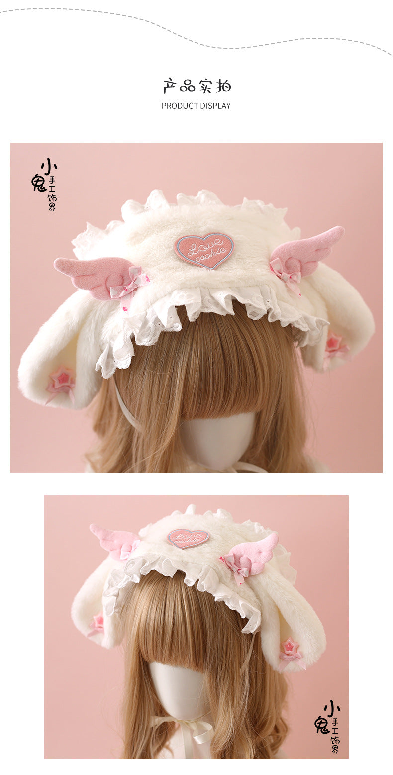 LolitaFetch plush bunny ear headband with angel wings, cute Lolita subculture accessory, featuring soft plush material and detailed design.