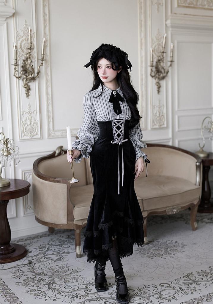 With PUJI - Dusk Moment - Classic Lolita Striped OP & Mermaid Dress Set, Fishbone Waist