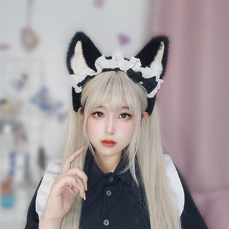 Plush Lolita Headband Lace Bow Hair Accessory Realistic Animal Ears Maid Corgi Hair Ornament Japanese KC Headband