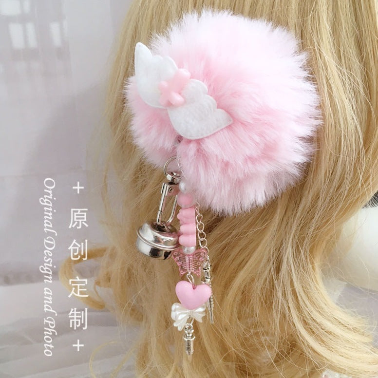 Y2K Subculture Lolita Hair Clip - Cute Pink Plush Ball Wing Pendant Hair Accessory