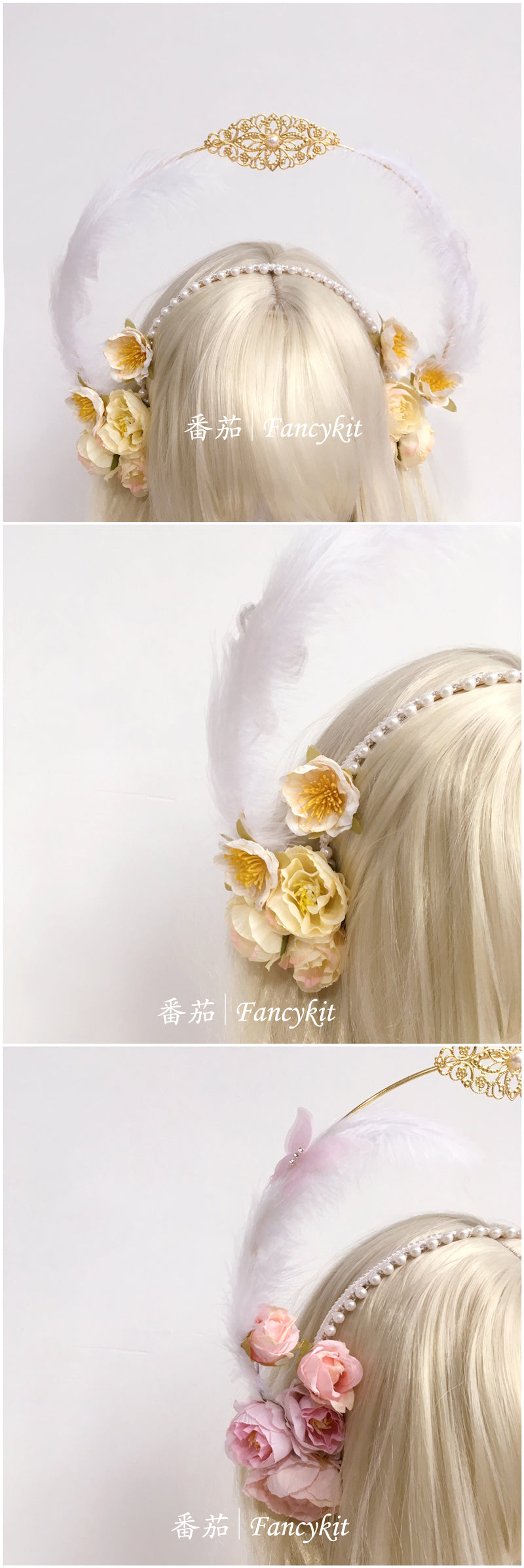Flower Lolita Virgin Mary Double Layer Halo Hair Crown Hanfu Headwear Feather Hairband Classical Headpiece Han-Yang Eclectic