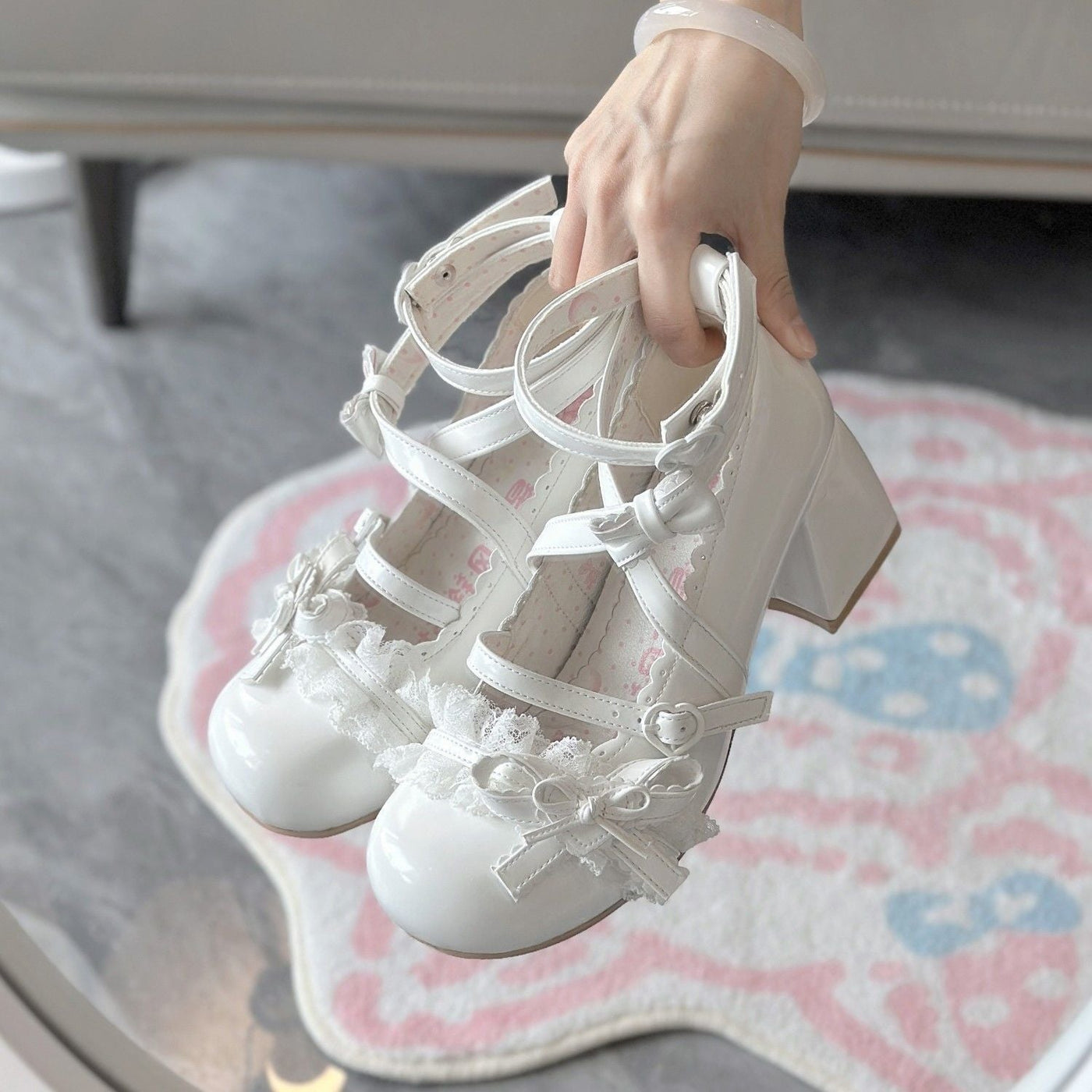 Wind Chime Whisper Lolita Shoes | Doll-Like Mid-Heel Lace Trim Sweet Mary Jane Leather Flats