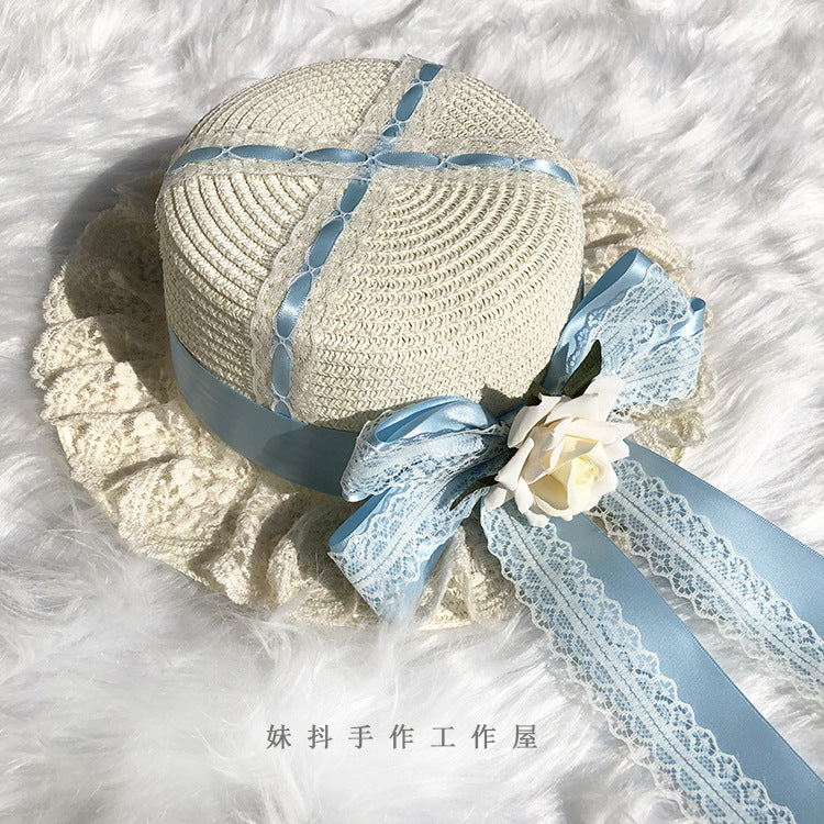 Multicolor handmade Lolita straw sun hat with lace and ribbon, featuring a flat top design, perfect for soft girl fashion.