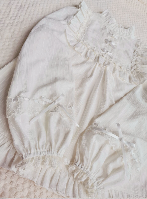 Yilia - Cotton Lolita Lace Long Sleeve - White Blouse Innerwear